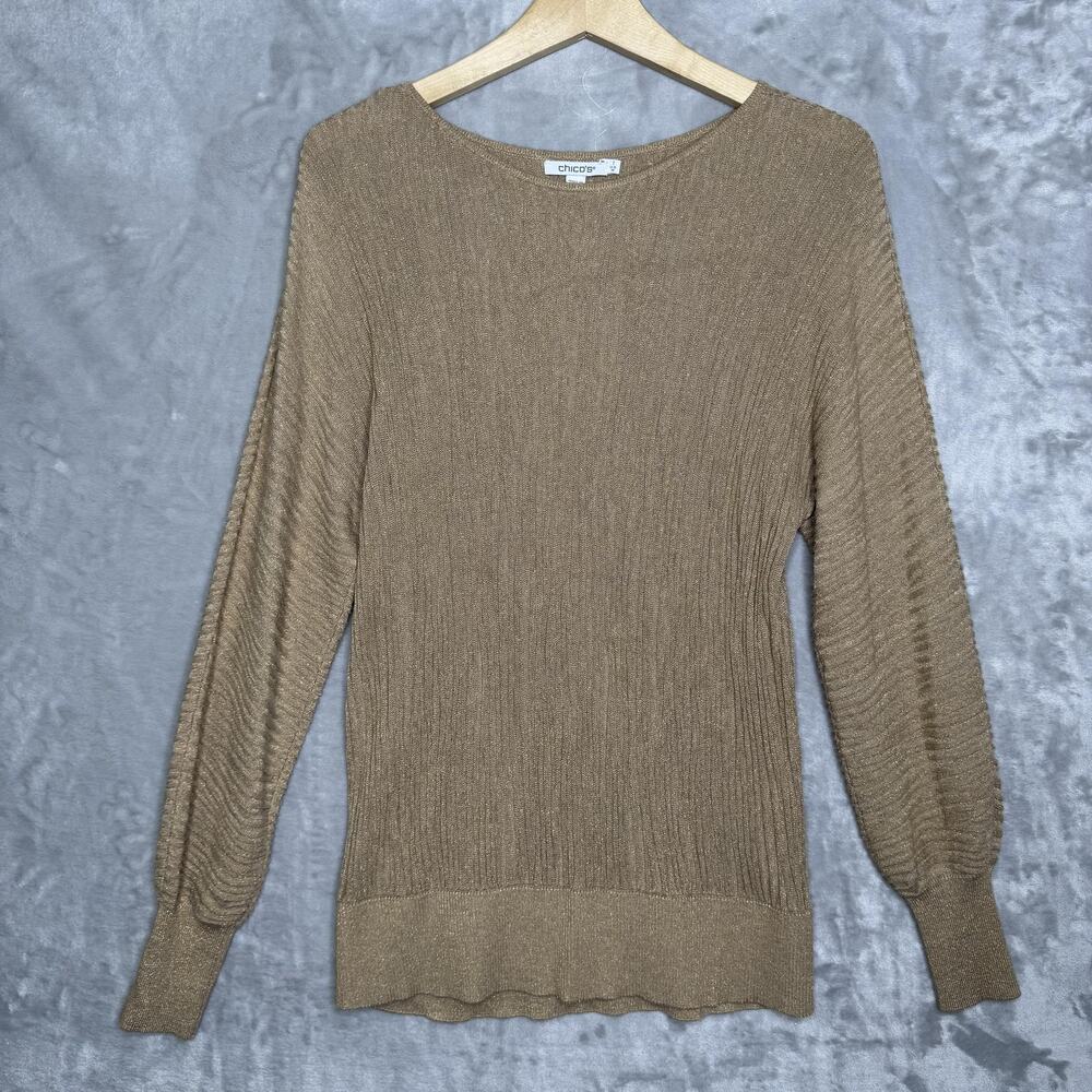 Chico's Sweater Womens Medium Gold Metallic Ribbed Bishop Sleeve Scoop Neck